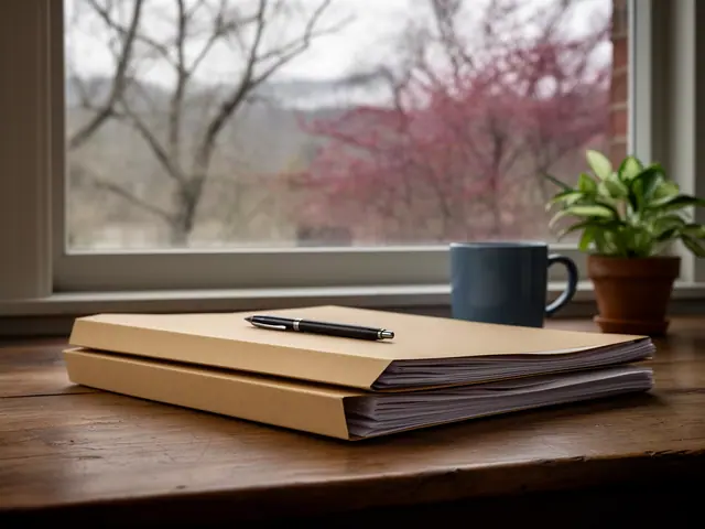 A neat stack of closed manila folders and a pen on a desk by a window.